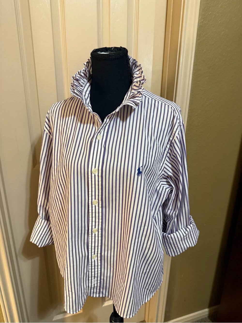 Upcycled Men’s Ralph Lauren Purple Striped Button-Up Shirt with Ruffle Colla - Picture 4 of 8